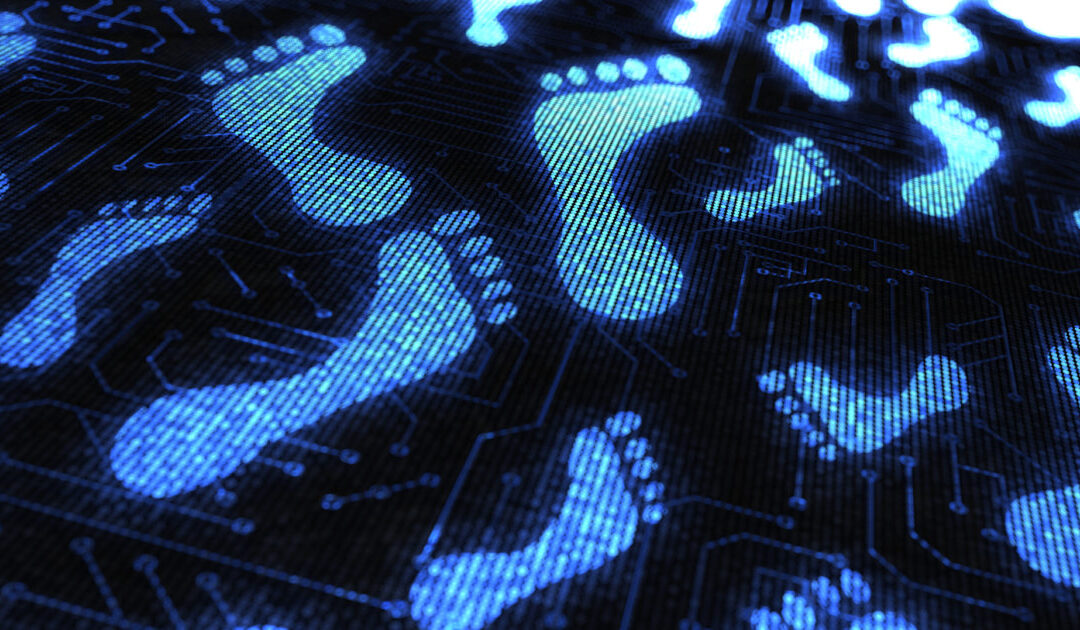 Blue footprints over a circuit board